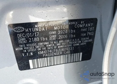 2018 Hyundai Elantra Se z USA, uszkodzony, nr VIN KMHD74LF6JU609331